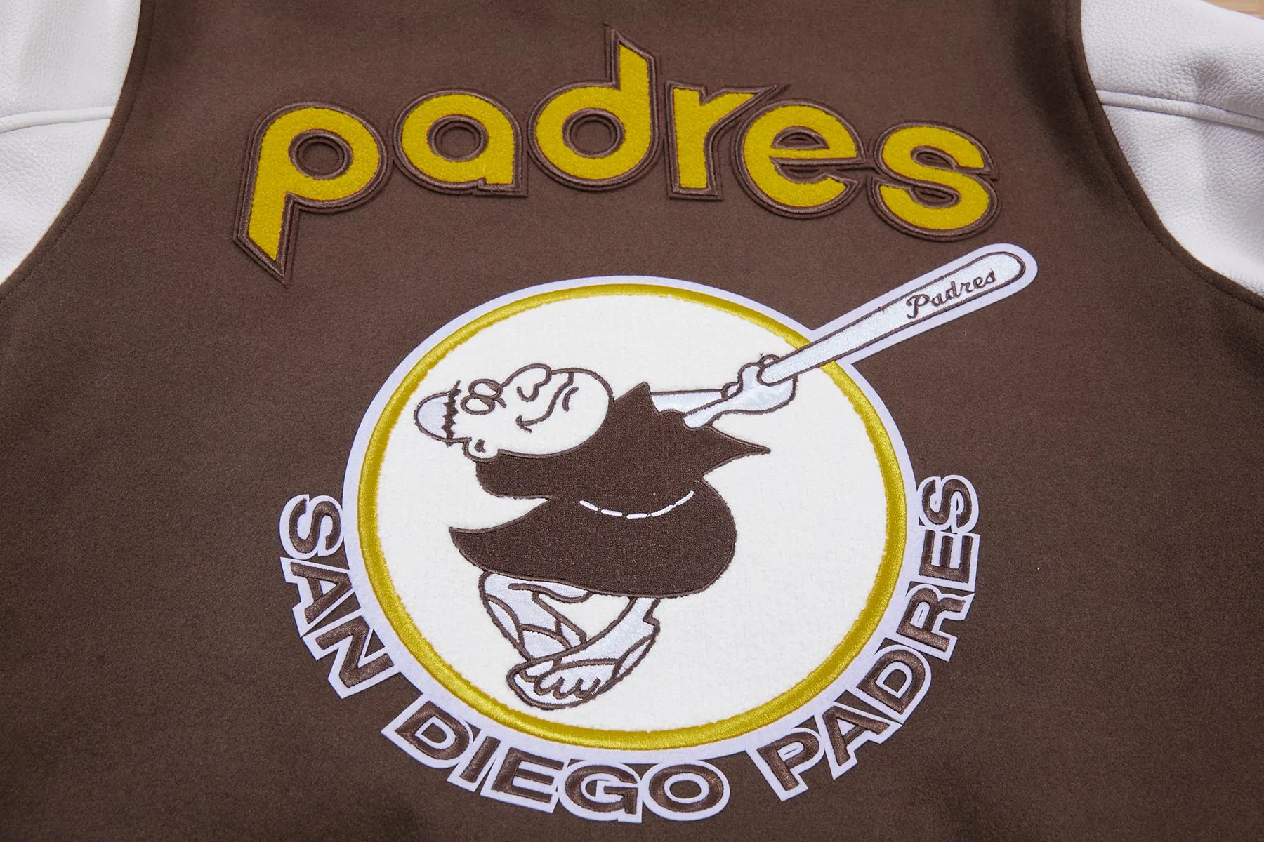 MLB SAN DIEGO PADRES RETRO CLASSIC MEN'S RIB WOOL VARSITY JACKET (BROWN/WHITE)