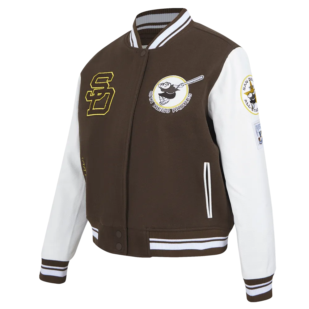 MLB SAN DIEGO PADRES RETRO CLASSIC WOMEN'S RIB WOOL VARSITY JACKET (BROWN/WHITE)