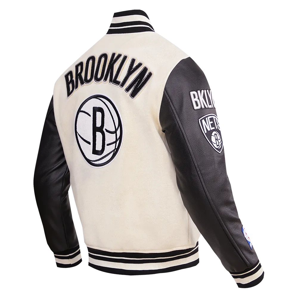 NBA BROOKLYN NETS RETRO CLASSIC MEN'S RIB WOOL VARSITY JACKET (EGGSHELL/ BLACK)