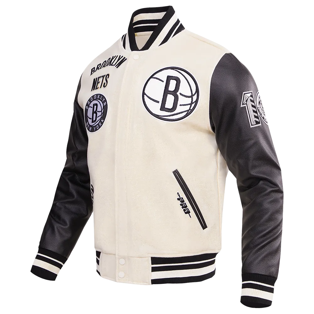 NBA BROOKLYN NETS RETRO CLASSIC MEN'S RIB WOOL VARSITY JACKET (EGGSHELL/ BLACK)