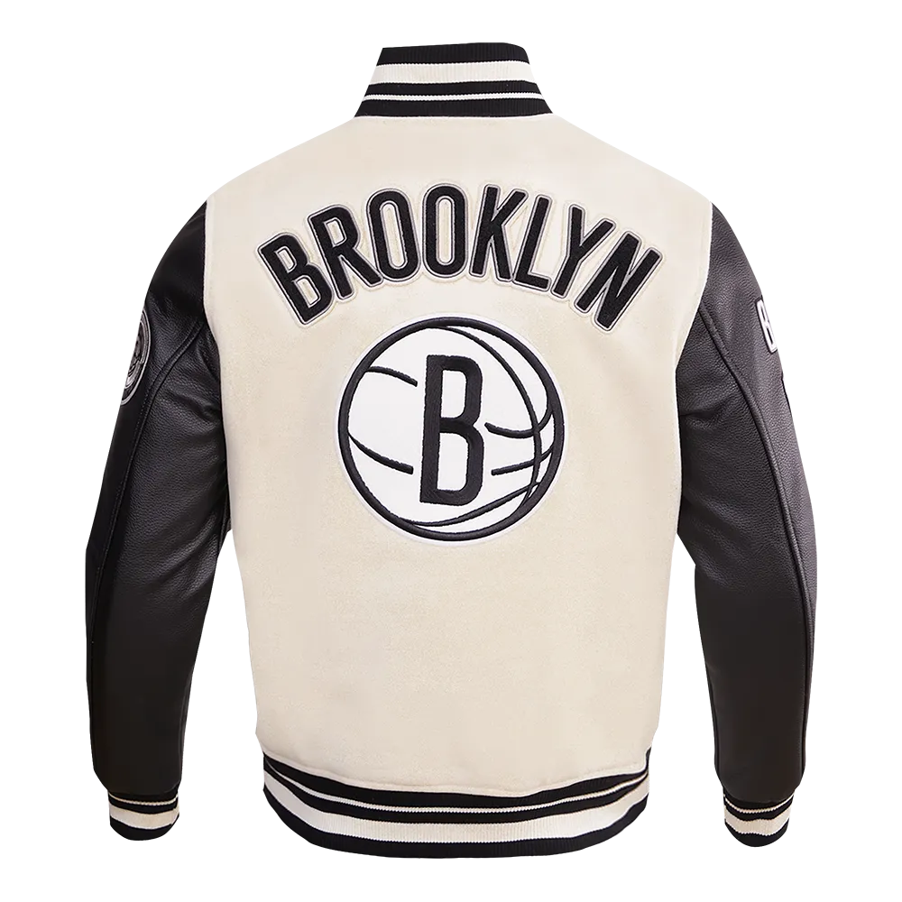 NBA BROOKLYN NETS RETRO CLASSIC MEN'S RIB WOOL VARSITY JACKET (EGGSHELL/ BLACK)