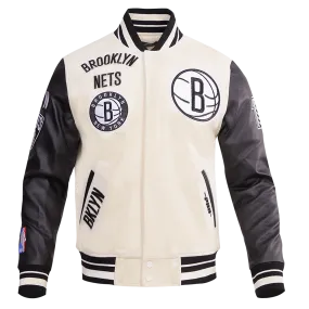 NBA BROOKLYN NETS RETRO CLASSIC MEN'S RIB WOOL VARSITY JACKET (EGGSHELL/ BLACK)