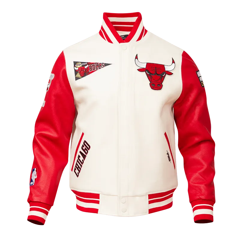 NBA CHICAGO BULLS RETRO CLASSIC MEN'S RIB WOOL VARSITY JACKET (EGGSHELL/RED)