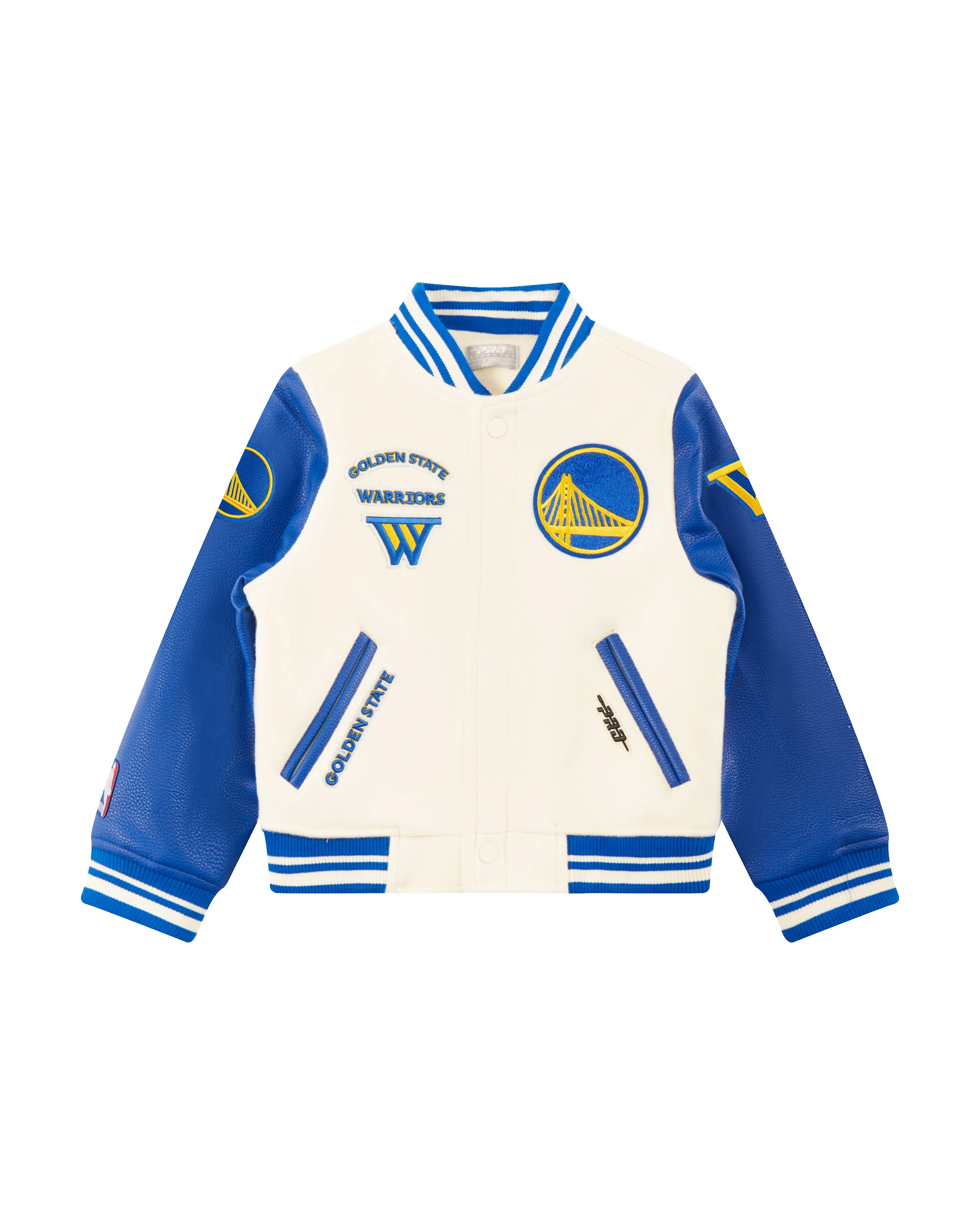 NBA GOLDEN STATE WARRIORS RETRO CLASSIC LITTLE BOYS RIB WOOL VARSITY JACK (EGGSHELL/ROYAL BLUE)