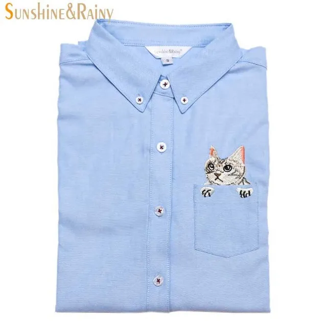 New High Quality Spring Autumn Women Blouse Cats Embroidery Long Sleeve Work Shirts Women office Tops White shirts for business