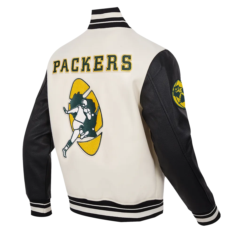 NFL GREEN BAY PACKERS RETRO CLASSIC MEN'S RIB WOOL VARSITY JACKET (EGGSHELL/ BLACK)