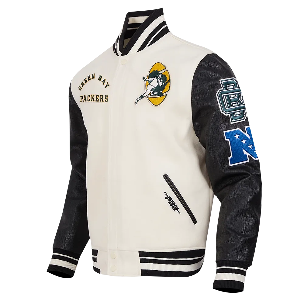 NFL GREEN BAY PACKERS RETRO CLASSIC MEN'S RIB WOOL VARSITY JACKET (EGGSHELL/ BLACK)