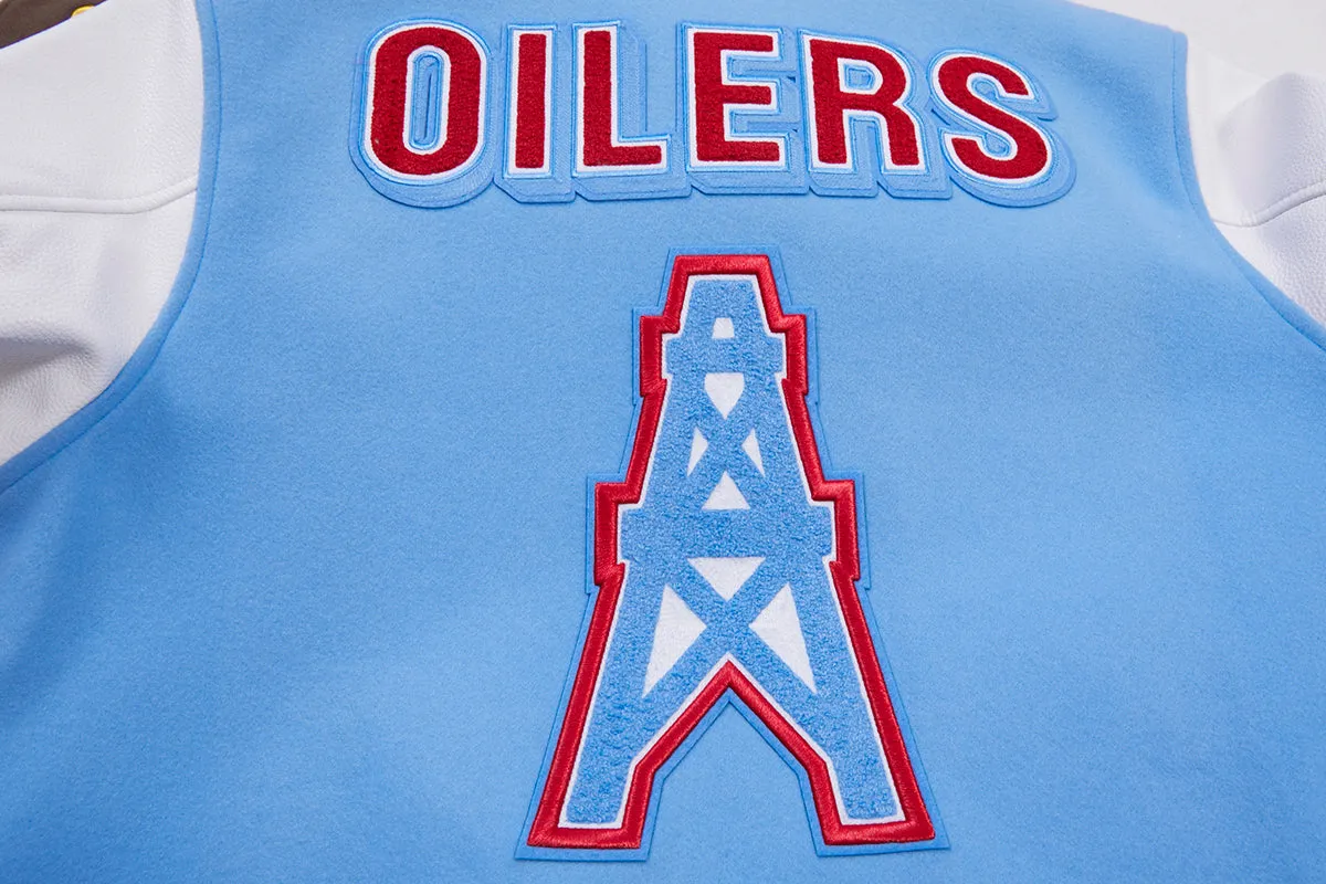 NFL HOUSTON OILERS RETRO CLASSIC MEN'S RIB WOOL VARSITY JACKET (UNIVERSITY BLUE/WHITE)