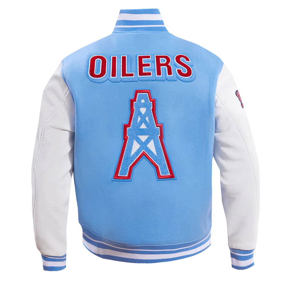 NFL HOUSTON OILERS RETRO CLASSIC MEN'S RIB WOOL VARSITY JACKET (UNIVERSITY BLUE/WHITE)