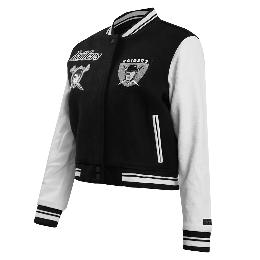 NFL OAKLAND RAIDERS RETRO CLASSIC WOMEN'S RIB WOOL VARSITY JACKET (BLACK/WHITE)