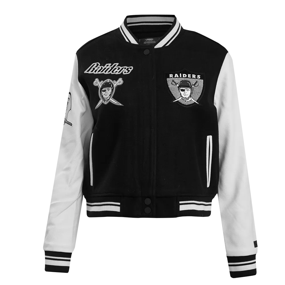 NFL OAKLAND RAIDERS RETRO CLASSIC WOMEN'S RIB WOOL VARSITY JACKET (BLACK/WHITE)