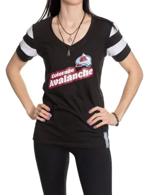 Official Licensed NHL Ladies' Retro Varsity Short Sleeve Vneck Tshirt--Colorado Avalanche