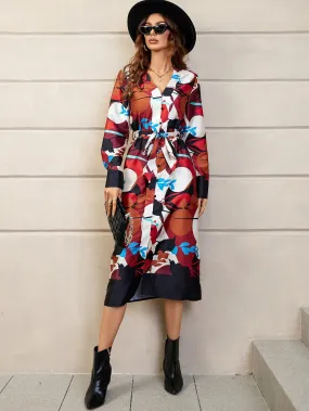 Plants Print Split Hem Belted Dress