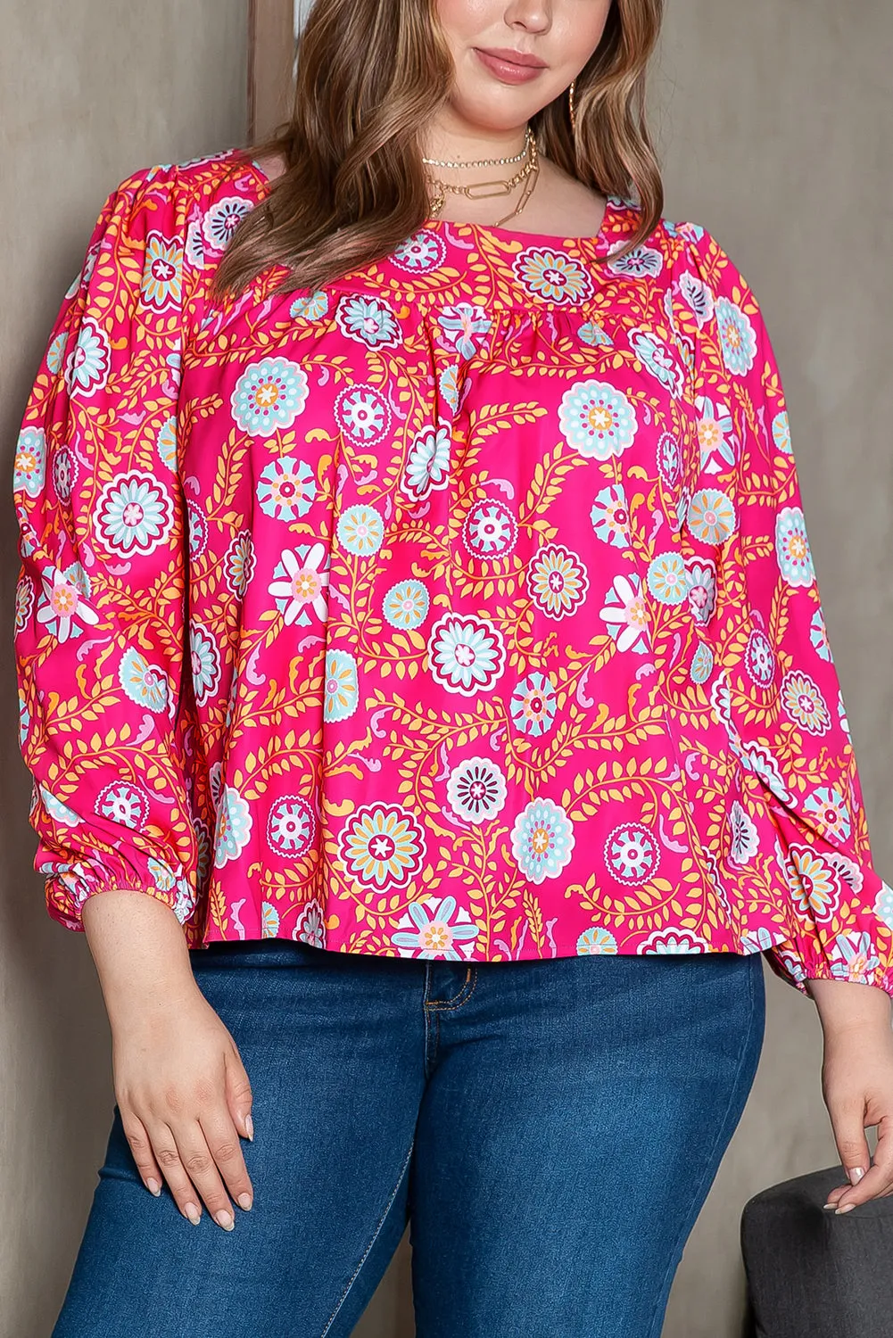 Plus Size Square Neck Floral Blouse