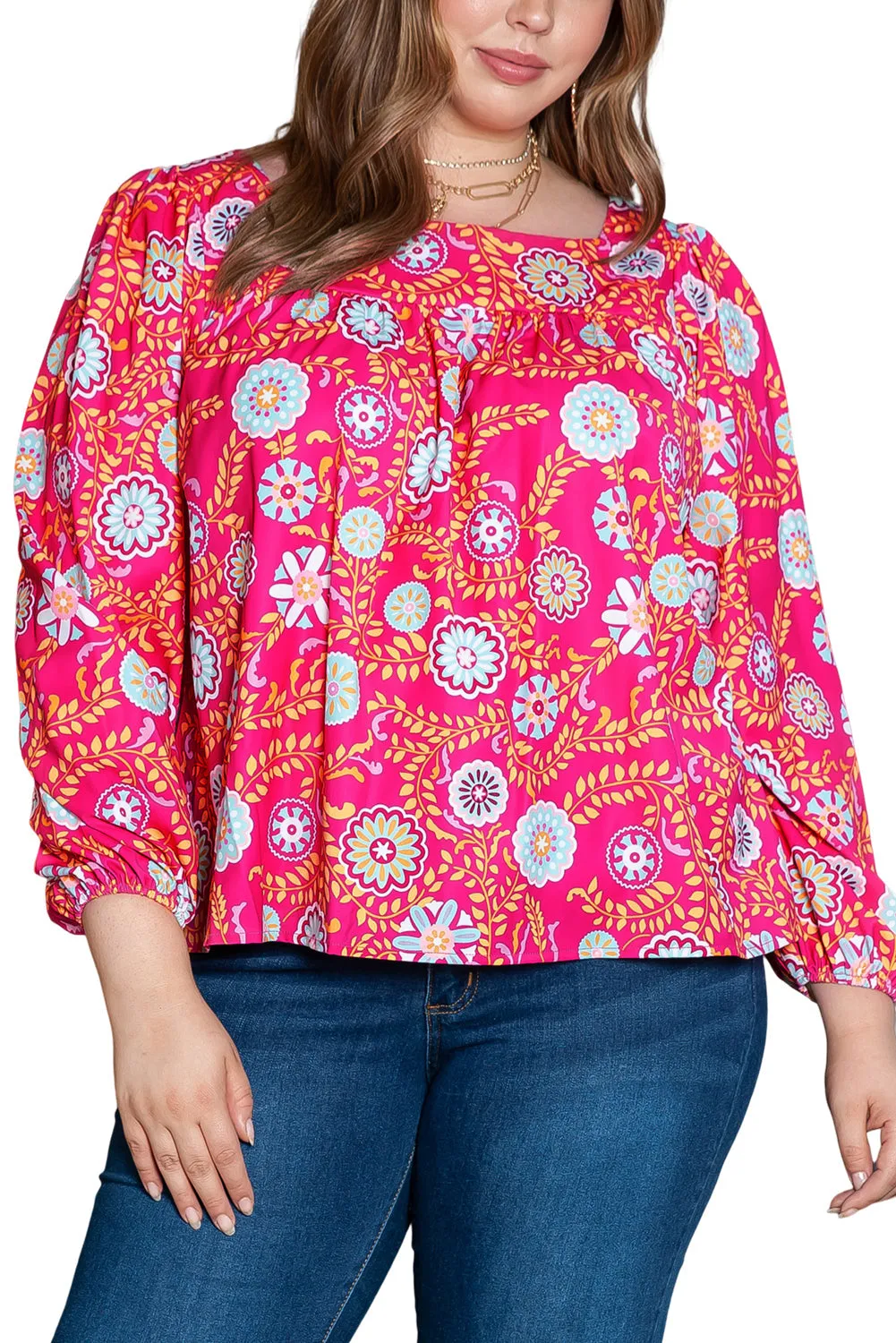 Plus Size Square Neck Floral Blouse