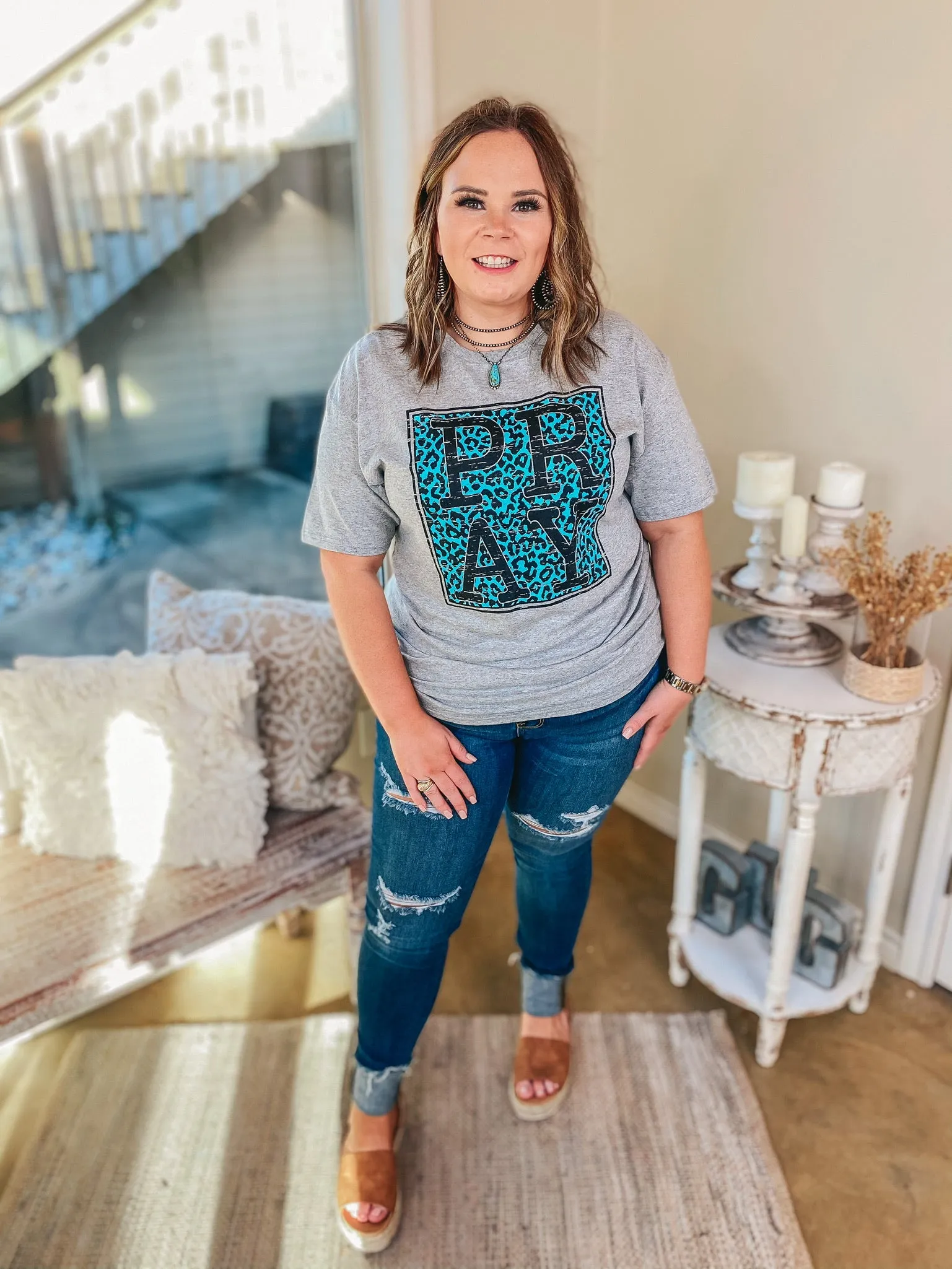 Pray Turquoise Leopard Short Sleeve Graphic Tee in Heather Grey