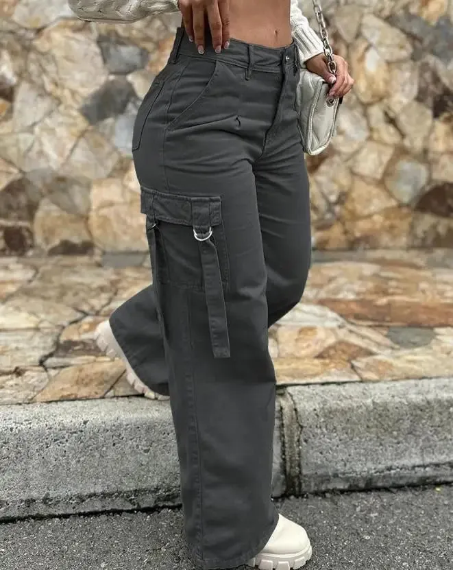 Purpdrank Casual High Waist Cargo Pants for Women Cotton Design Fashion Pocket Design Summer Women's Trousers