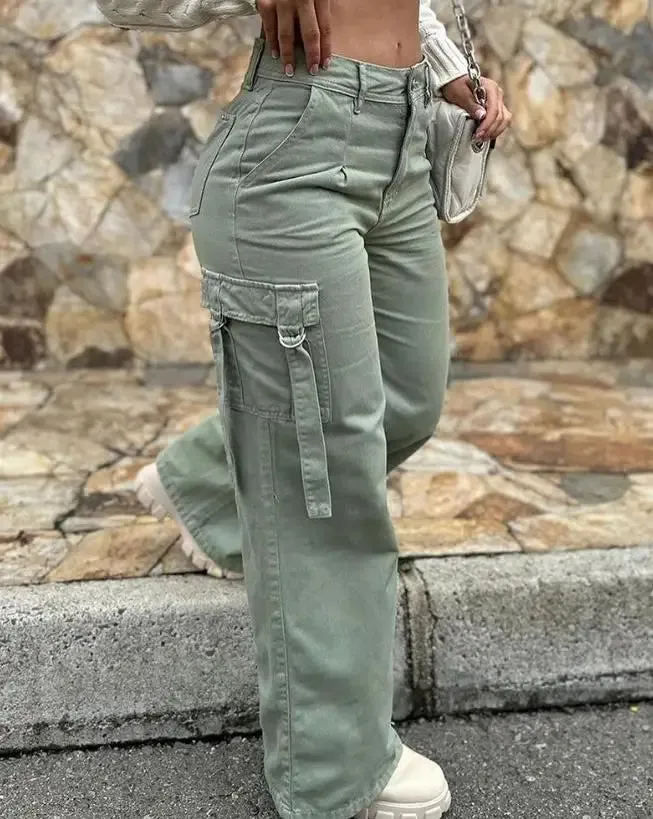 Purpdrank Casual High Waist Cargo Pants for Women Cotton Design Fashion Pocket Design Summer Women's Trousers