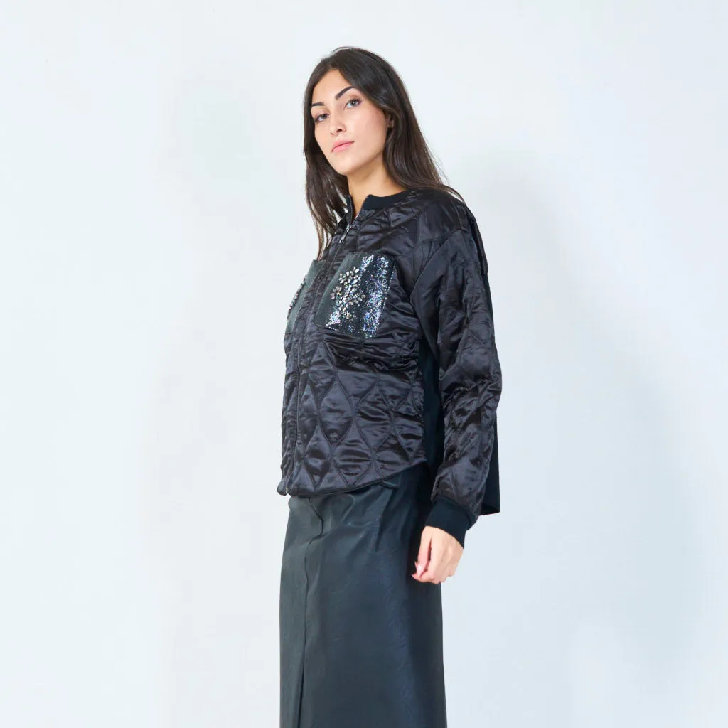 Quilted bomber jacket with embellished pockets wholesale