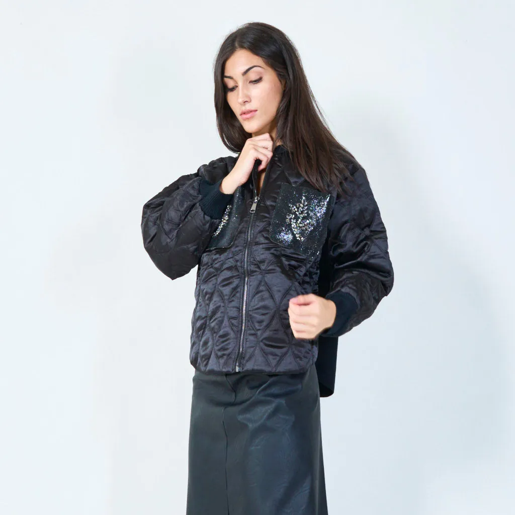 Quilted bomber jacket with embellished pockets wholesale