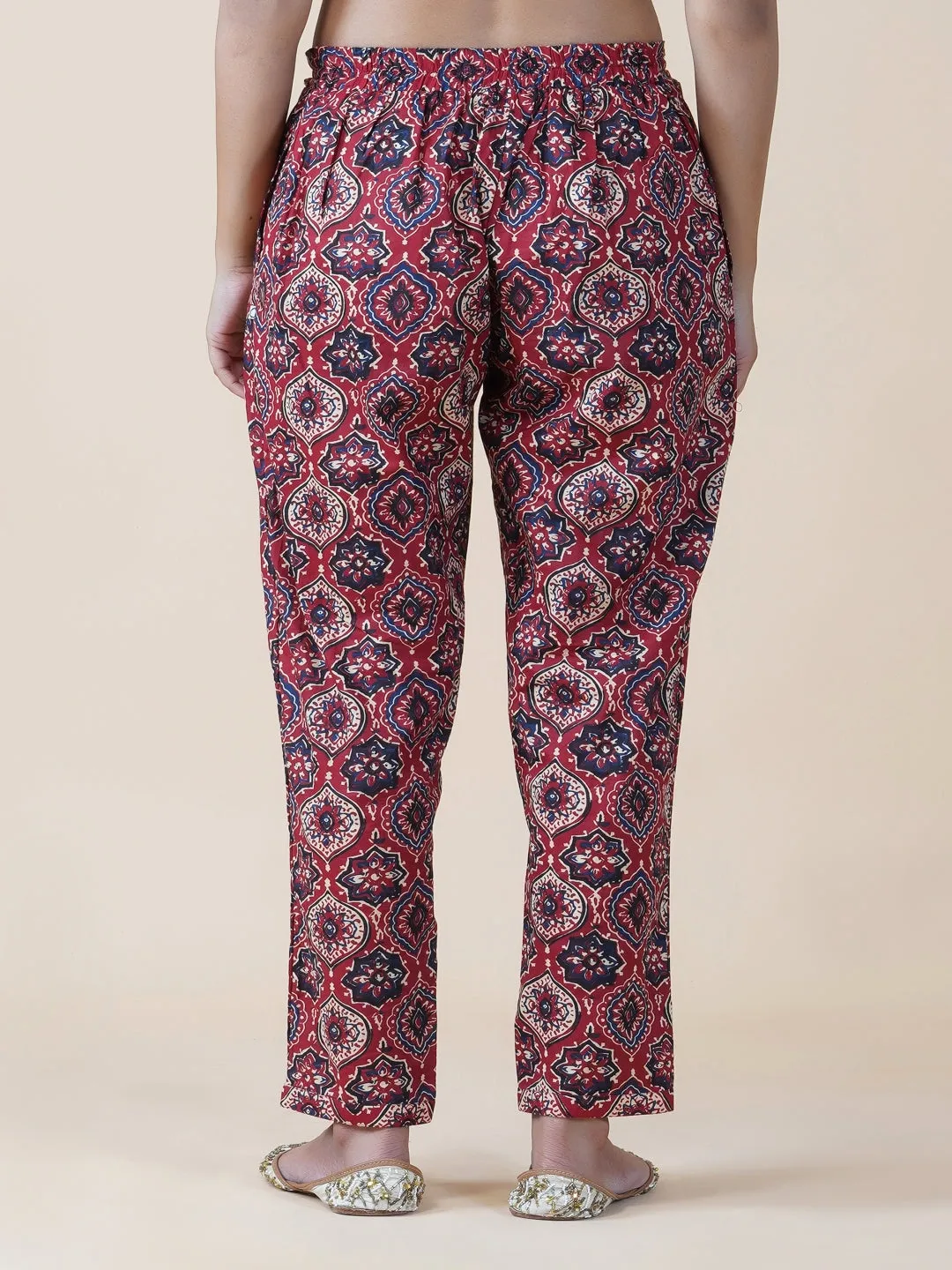 Red Ajrakh Print Pants With Pleated Bottom