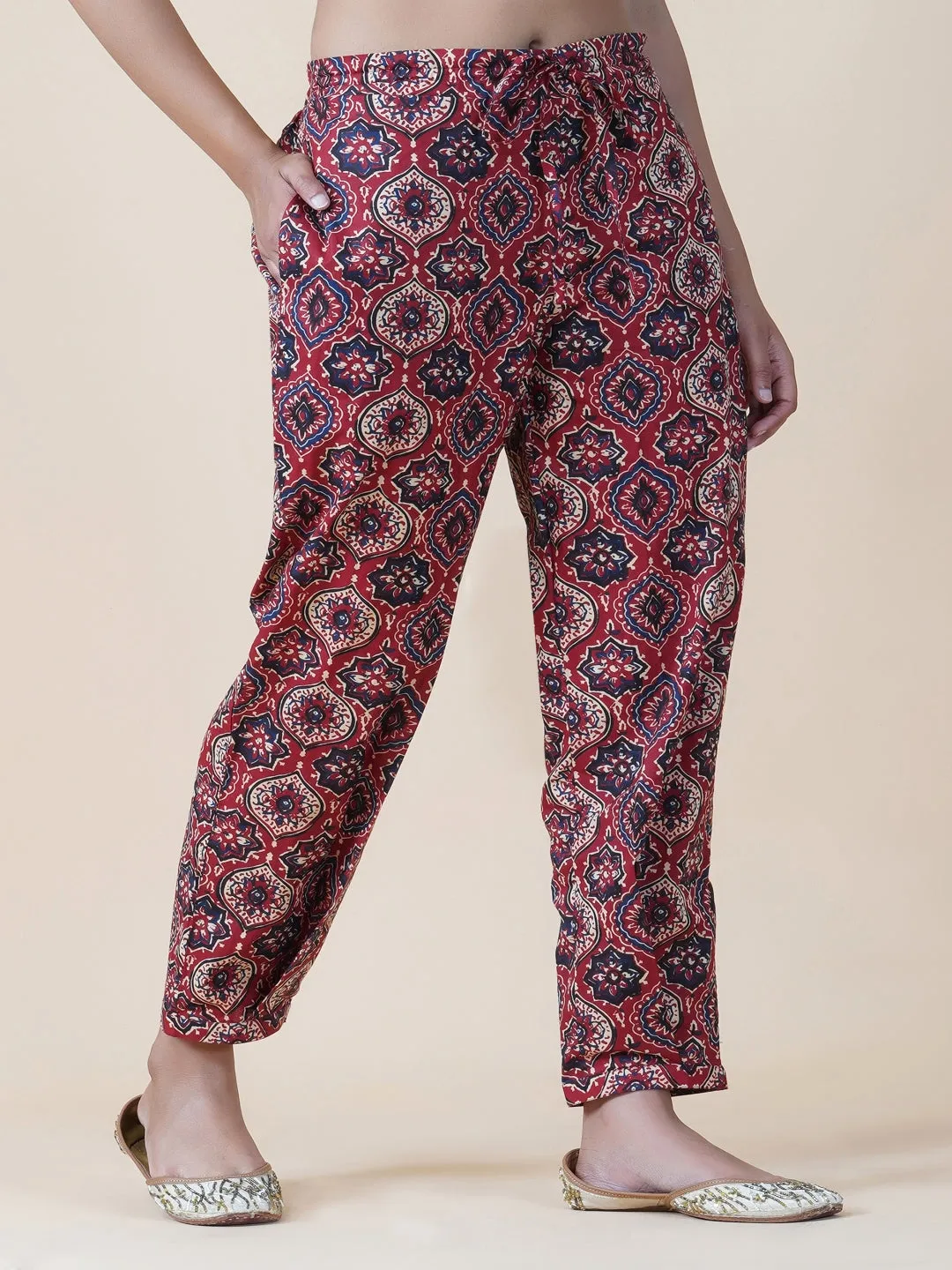 Red Ajrakh Print Pants With Pleated Bottom