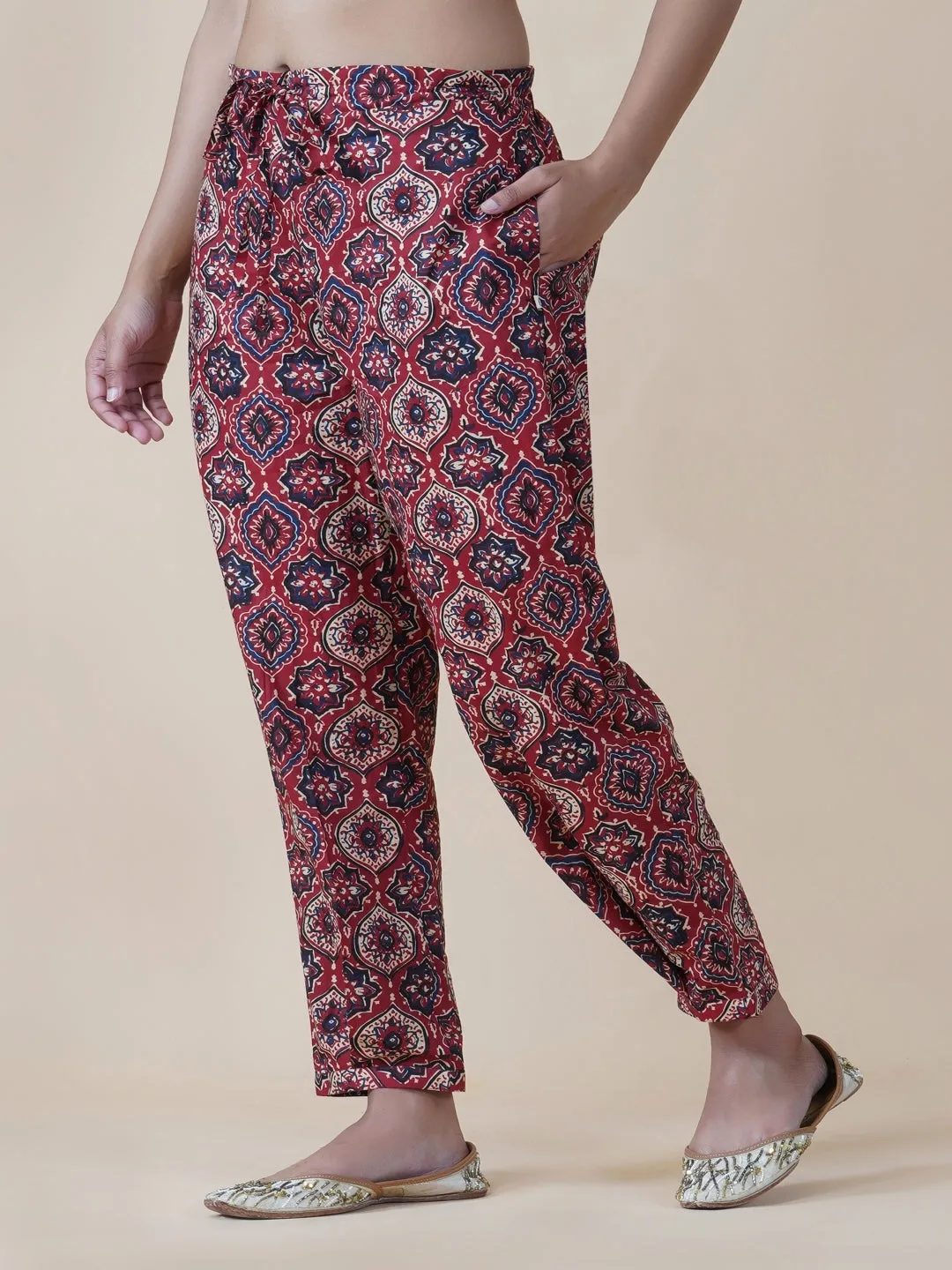 Red Ajrakh Print Pants With Pleated Bottom