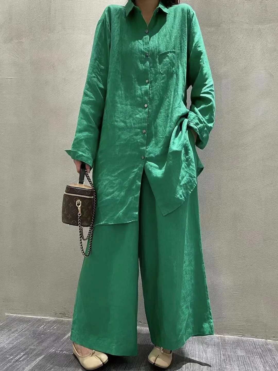 Retro Cotton Shirt&Wide-Leg Pants 2 Sets Suit