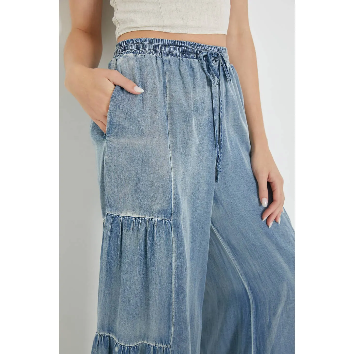 Ruffled Side Washed Denim Wide Pants