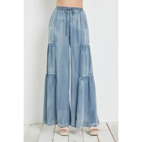 Ruffled Side Washed Denim Wide Pants