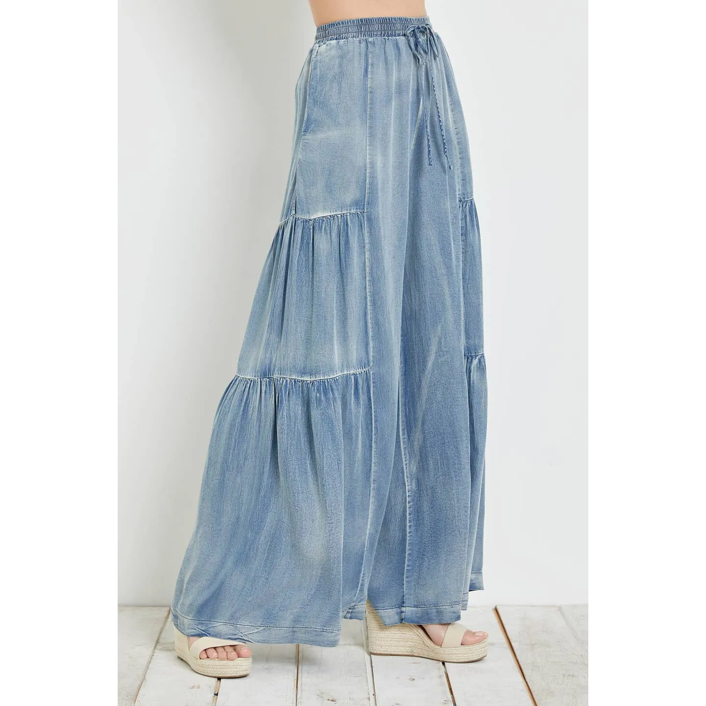 Ruffled Side Washed Denim Wide Pants