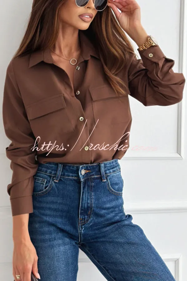 Solid Color Button Pocket Long Sleeve Casual Shirt