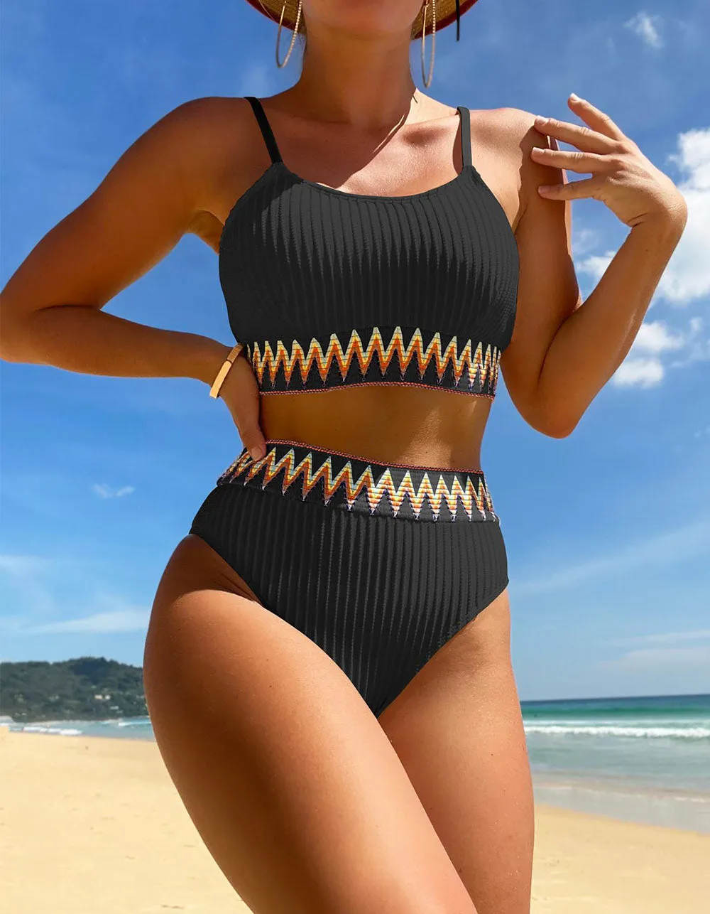 Solid-color Strap Backless Two-piece Bikini Swimwear Sets