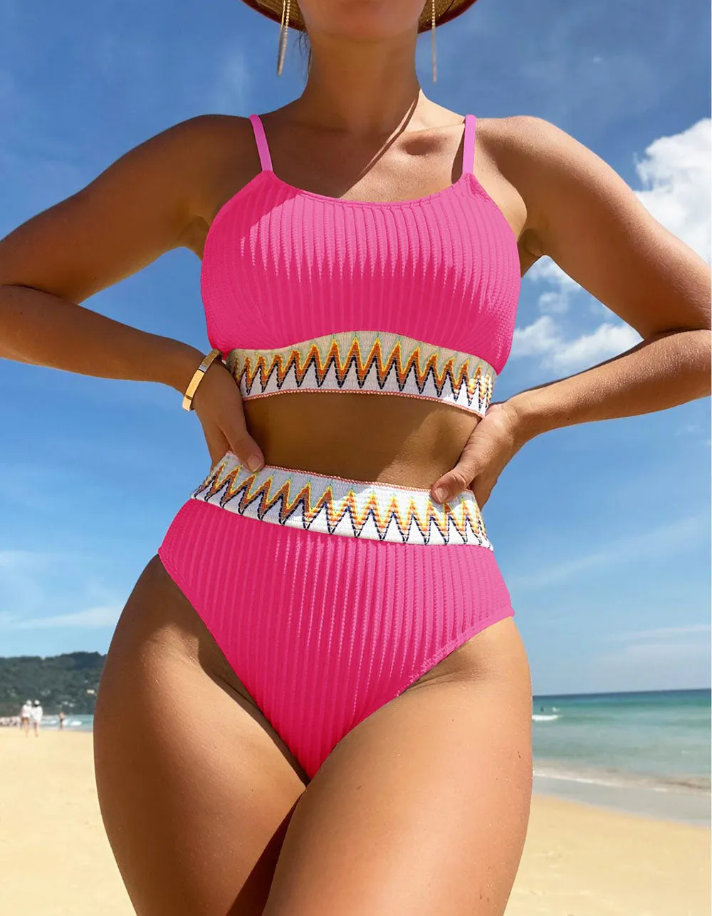 Solid-color Strap Backless Two-piece Bikini Swimwear Sets