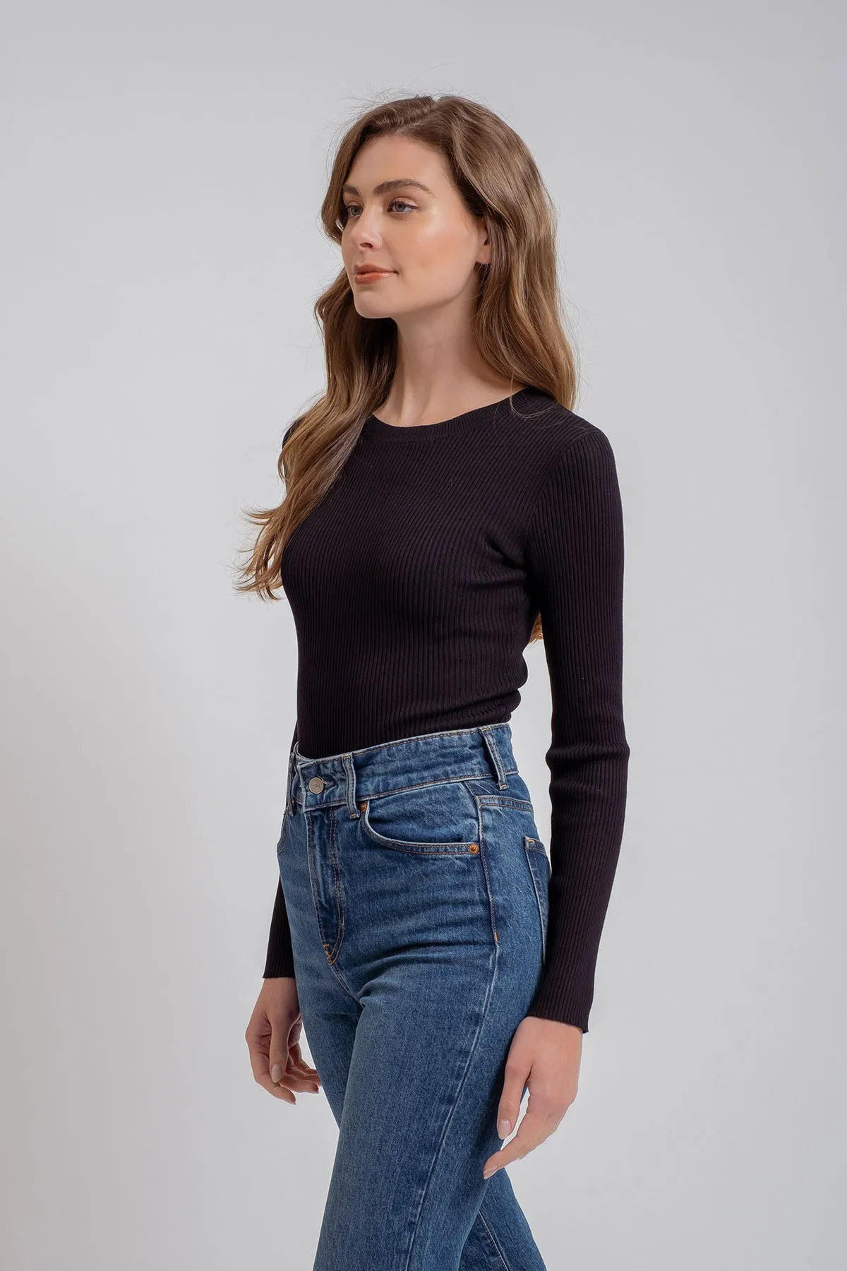 Solid Ribbed Long Sleeve Top - Black