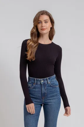 Solid Ribbed Long Sleeve Top - Black