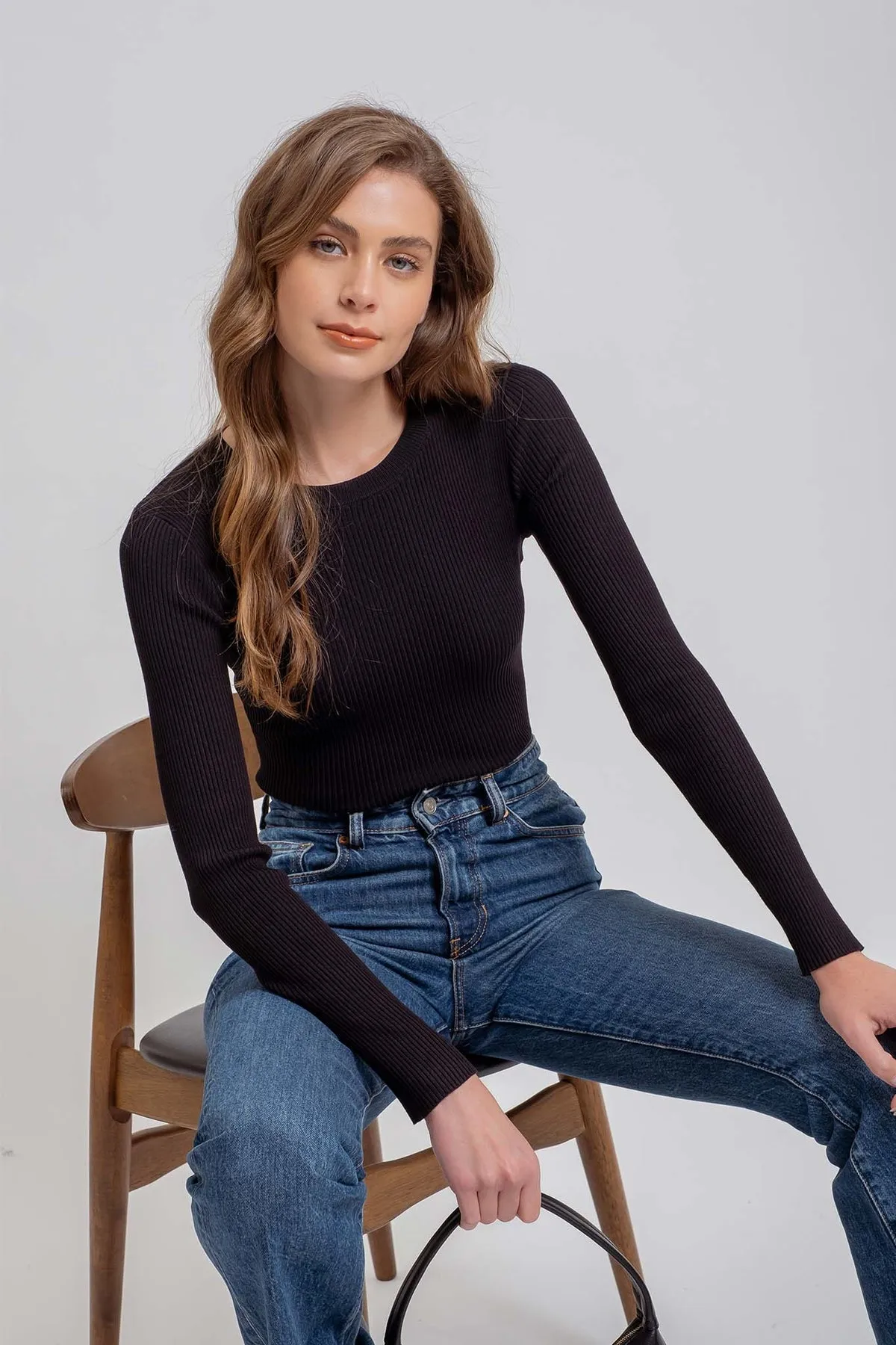 Solid Ribbed Long Sleeve Top - Black