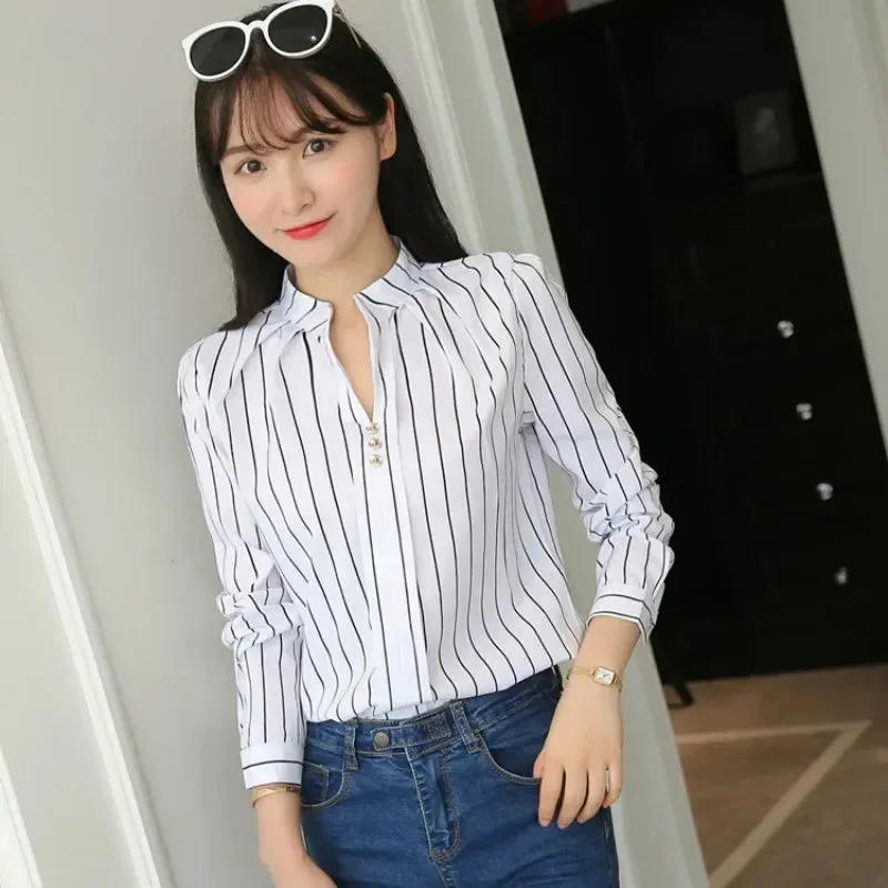 Stripe Print Casual Long Sleeve Office Lady Slim Blouse