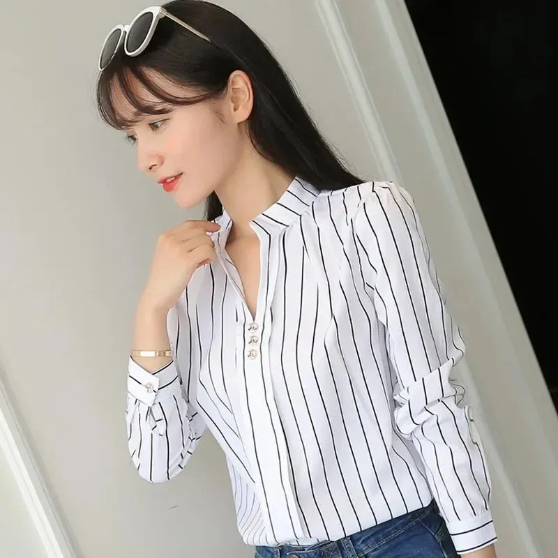 Stripe Print Casual Long Sleeve Office Lady Slim Blouse