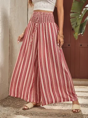 Striped Shirred Waist Wide-leg Pants