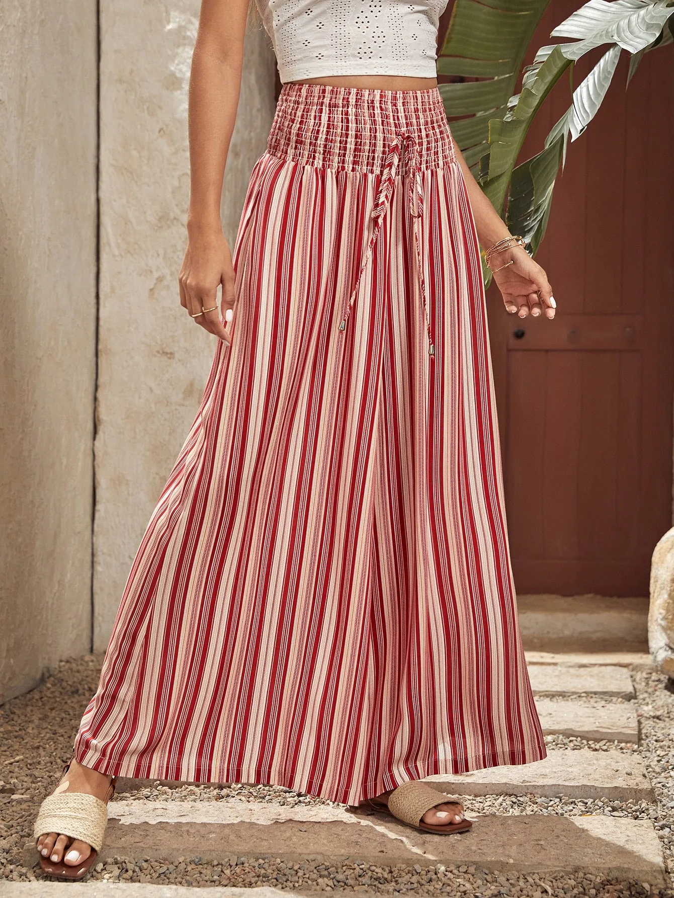 Striped Shirred Waist Wide-leg Pants