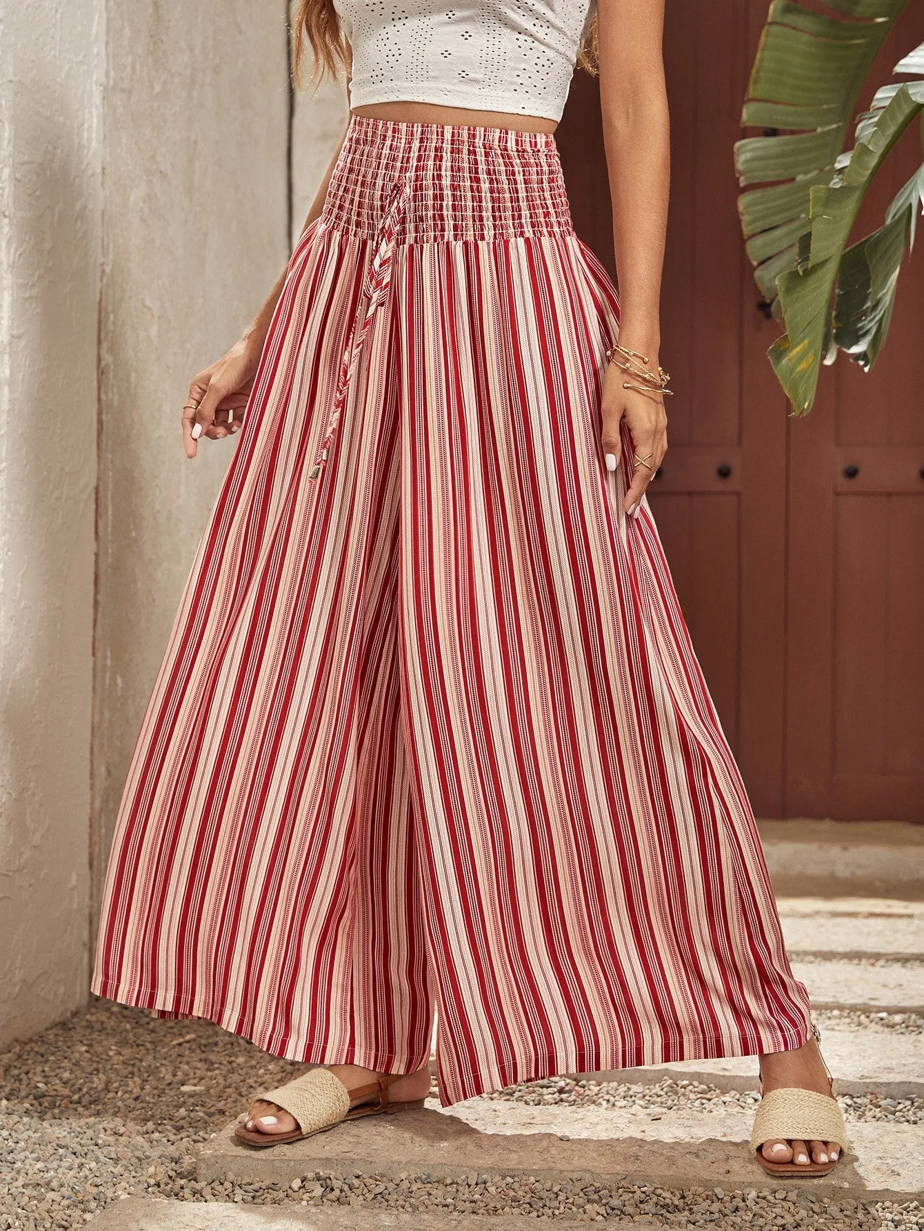 Striped Shirred Waist Wide-leg Pants