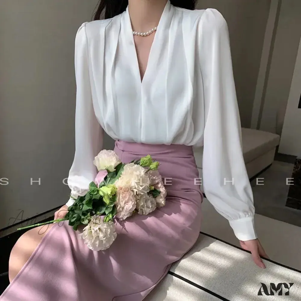 Temperament Pleated Solid Color V-neck Femme Fashion Buttons Blouse