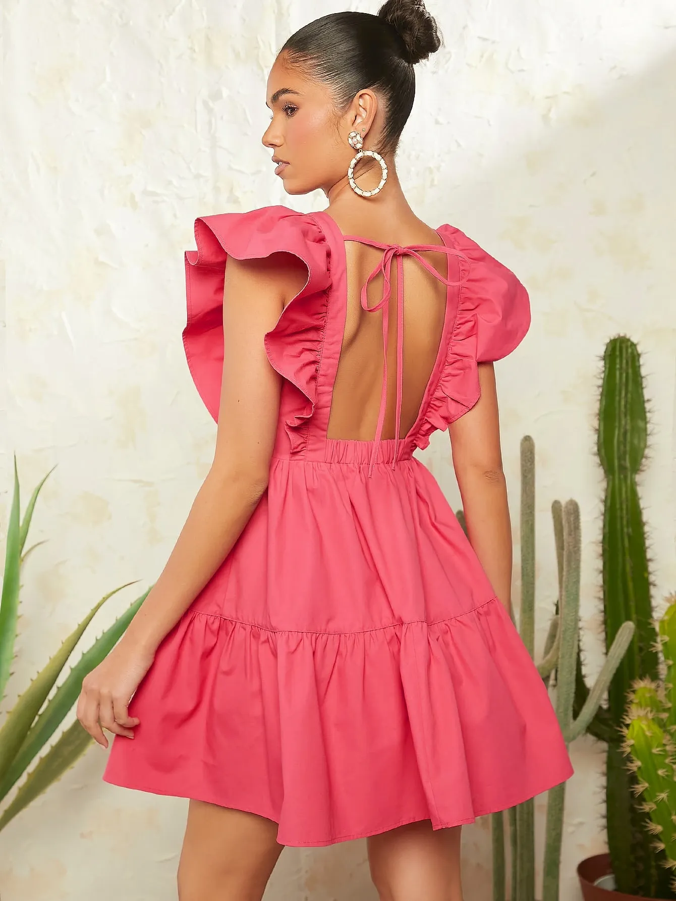 Tie Backless Ruffle Trim Dress