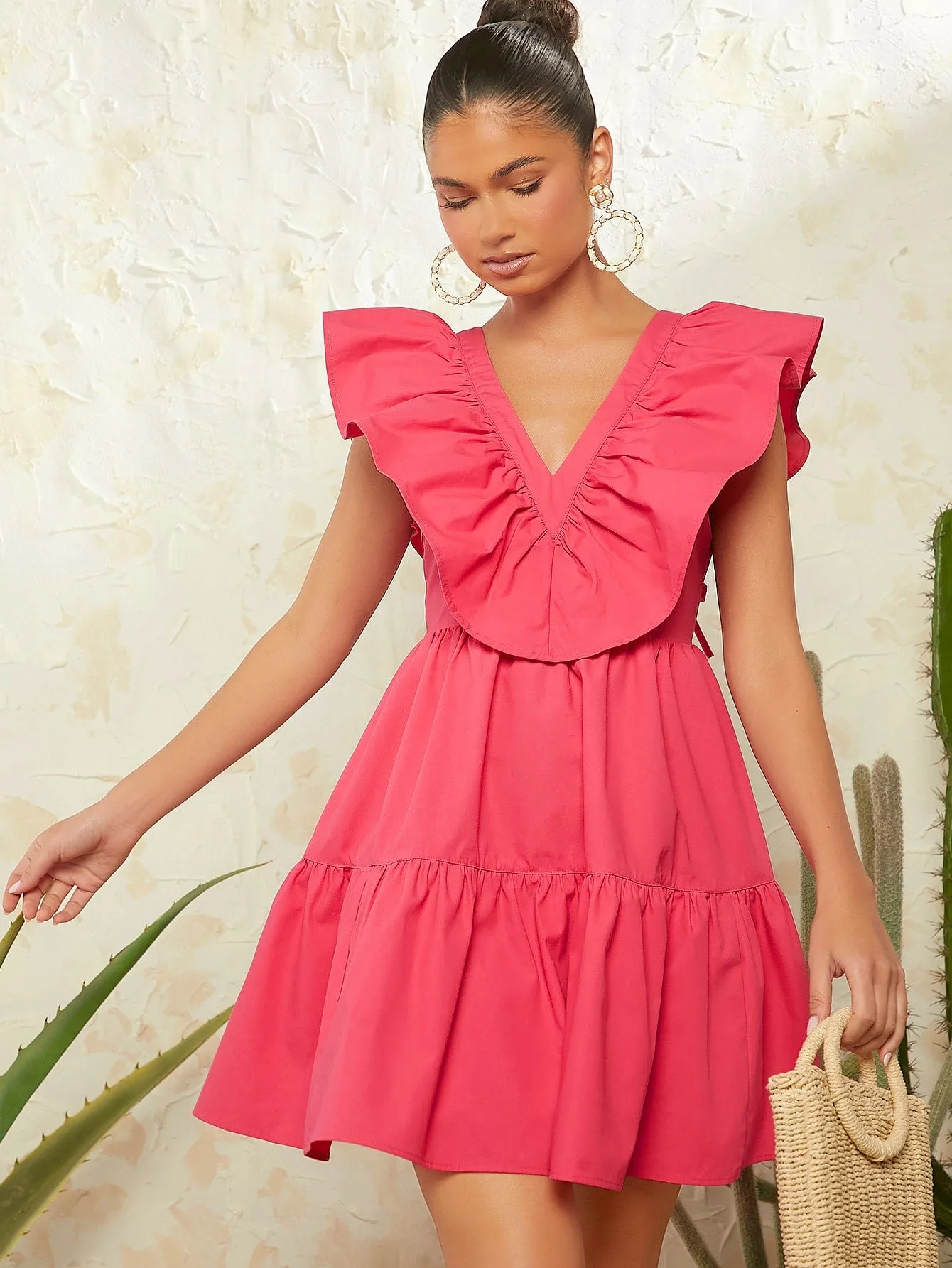 Tie Backless Ruffle Trim Dress