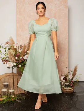 Tie Backless Sweetheart Neck Puff Sleeve Mesh Bridesmaid Dress