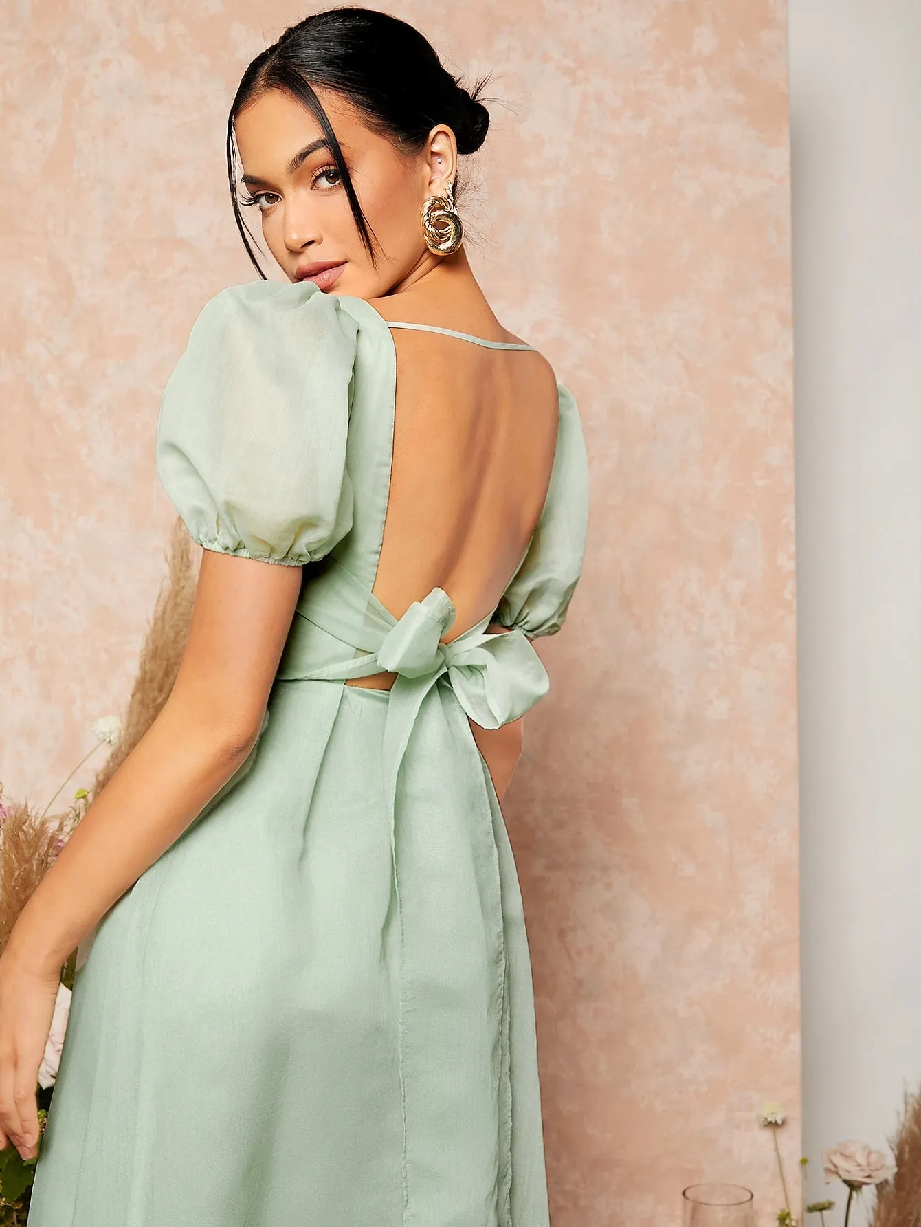 Tie Backless Sweetheart Neck Puff Sleeve Mesh Bridesmaid Dress