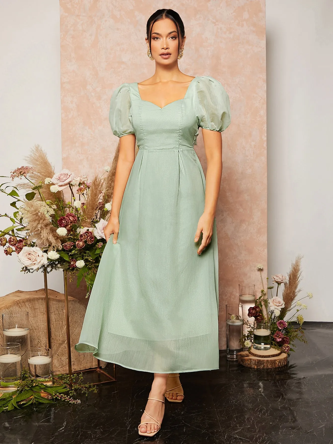 Tie Backless Sweetheart Neck Puff Sleeve Mesh Bridesmaid Dress