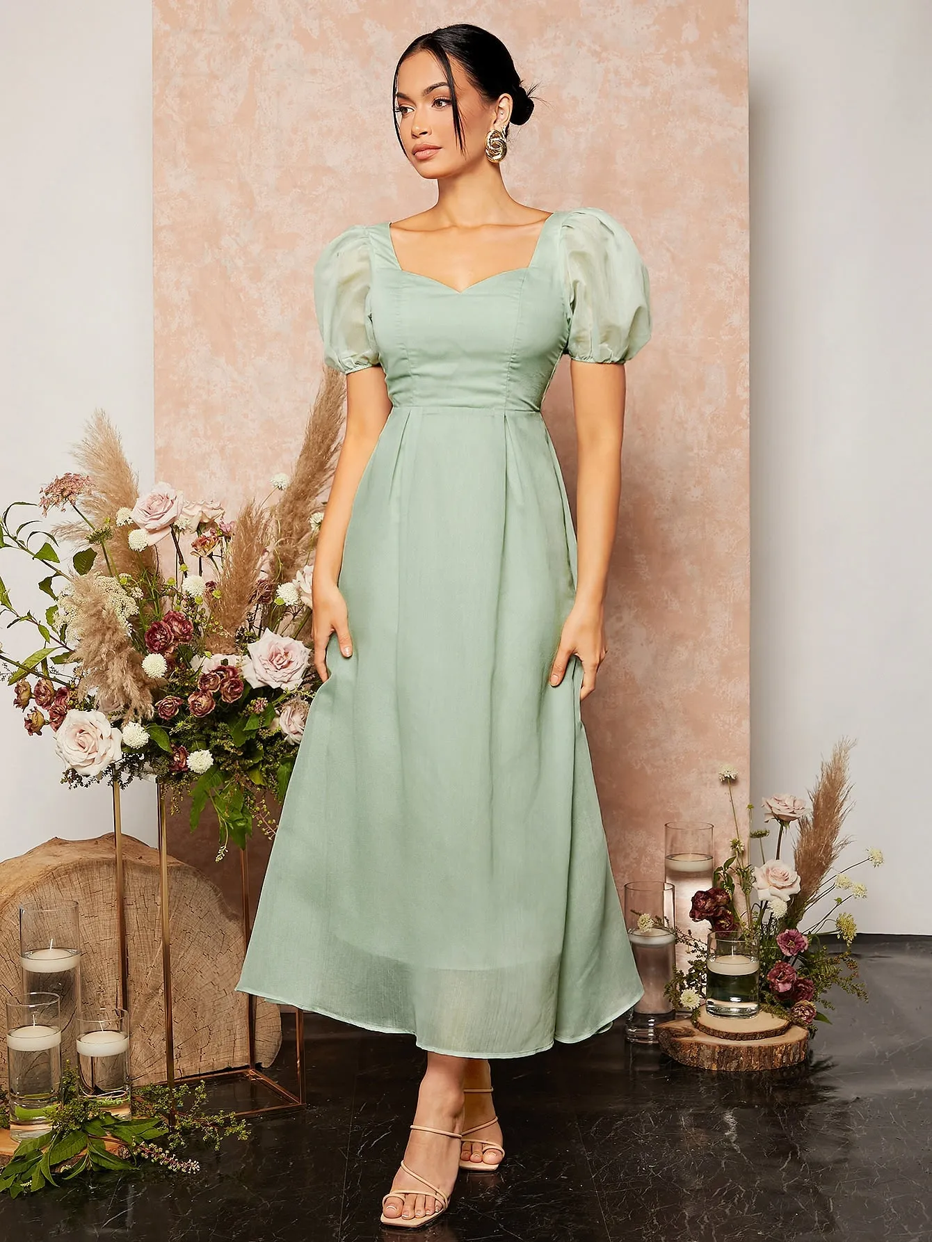 Tie Backless Sweetheart Neck Puff Sleeve Mesh Bridesmaid Dress