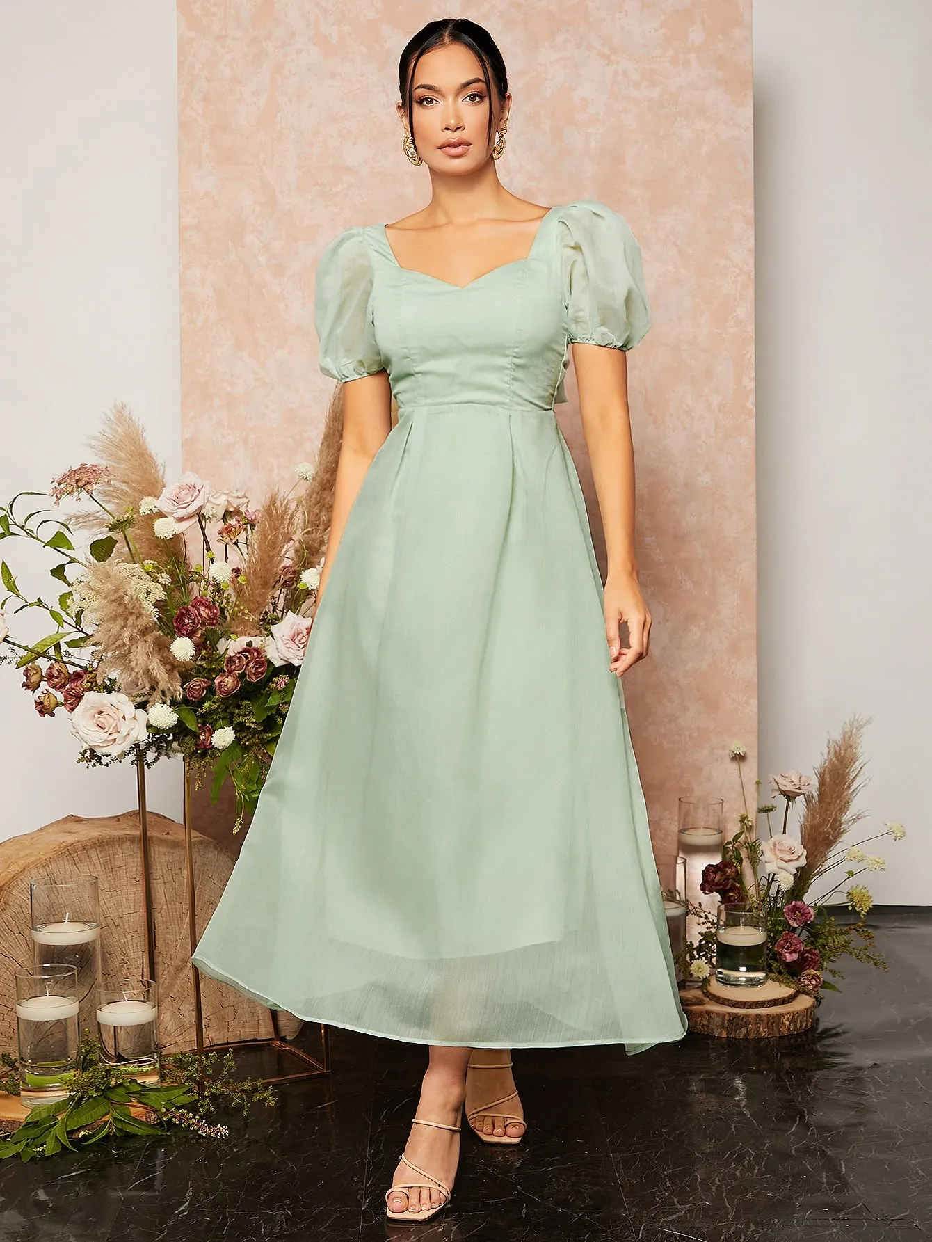 Tie Backless Sweetheart Neck Puff Sleeve Mesh Bridesmaid Dress